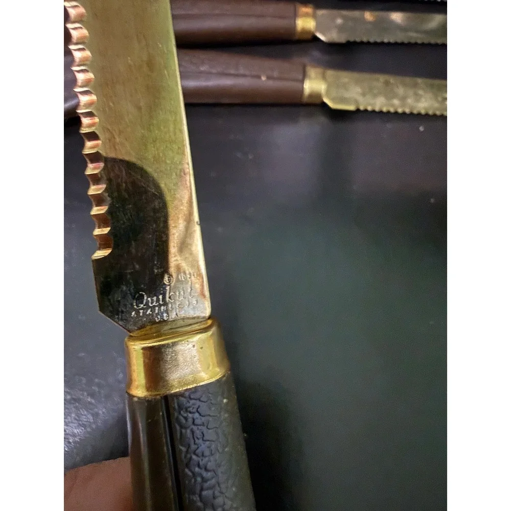 Vintage Quikut Steak Knife Set 6 Piece Gold Tone Stainless Steel Brown MCM USA